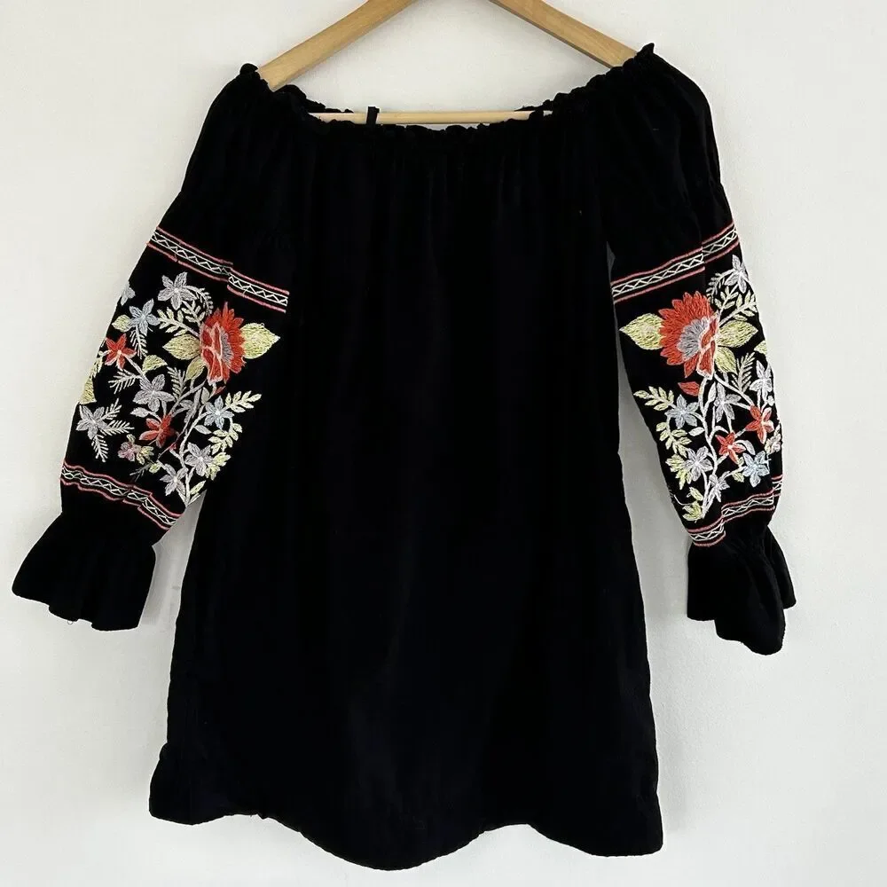 Free People Fleur Du Jour Mini Dress XS Black Floral Embroidered Off Shoulder